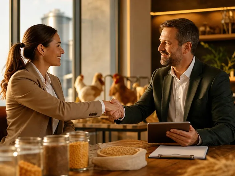 Two people shaking hands across a desk, representing a NutraX Animal Nutrition growth partnership